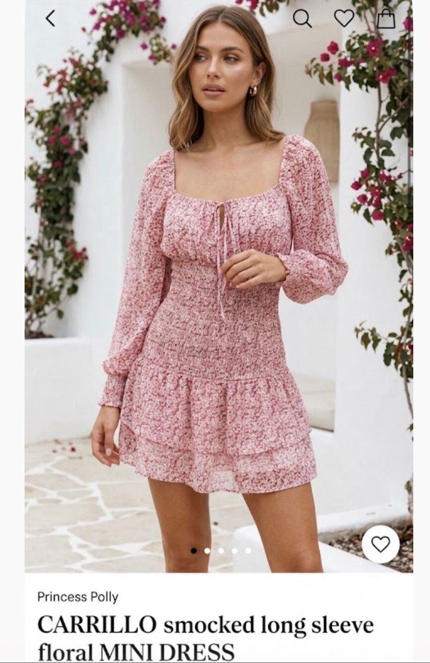 Princess Polly CARRILLO smocked long sleeve floral MINI DRESS size 2